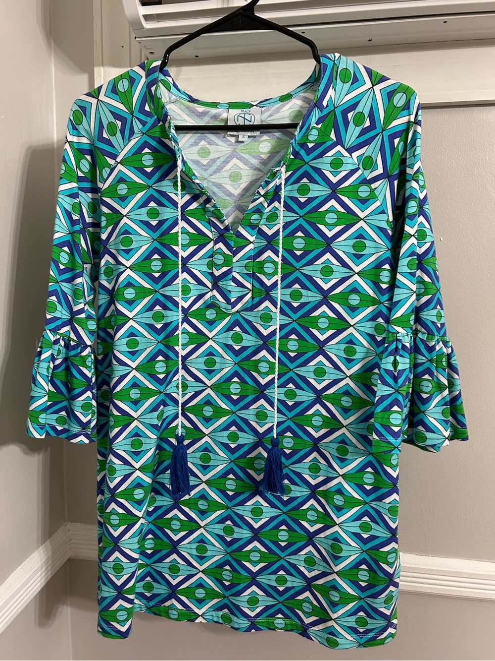Geometric Print Tassel Tunic Top - Blue & Green